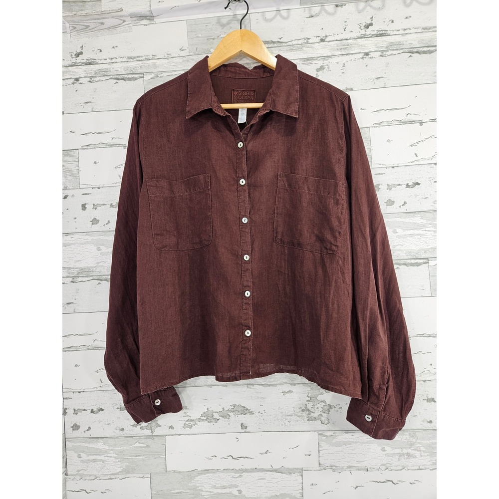 Sigrid Olsen Womens XL 100% Linen Button Down Shirt Burgundy Mahogany Top